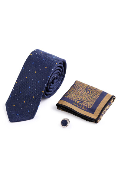 Lacivert Üçlü Yaka Rozeti Kravat Mendil Set - 2