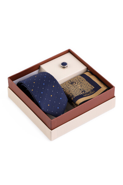 Lacivert Üçlü Yaka Rozeti Kravat Mendil Set - 4