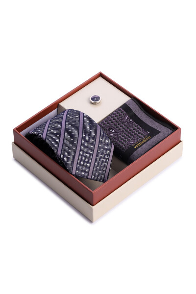 Lacivert Üçlü Yaka Rozeti Kravat Mendil Set - 2