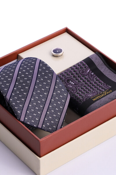 Lacivert Üçlü Yaka Rozeti Kravat Mendil Set - 3