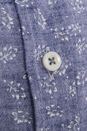 Lacivert Slim Fit Baskılı Düğmeli Yaka Uzun Kollu Casual Keten Gömlek - Thumbnail