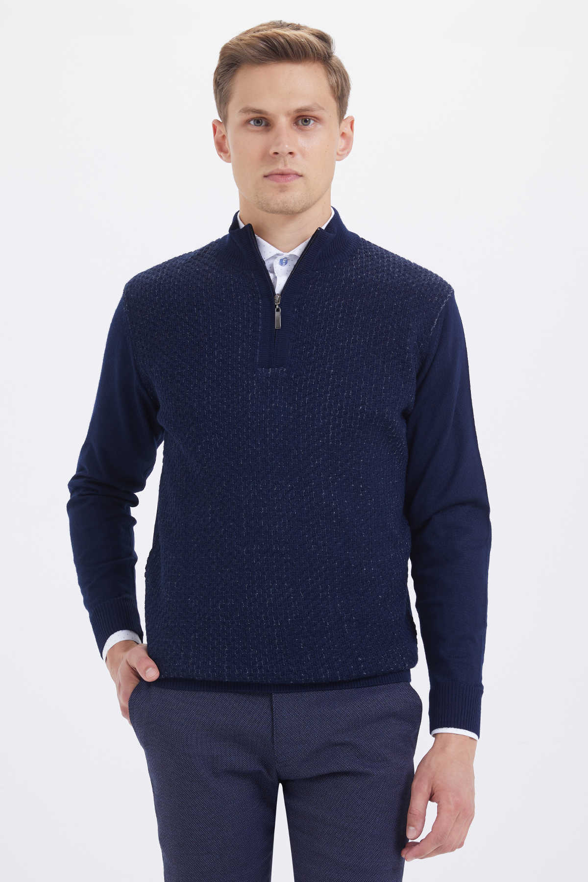 Lacivert - Gri Balıkçı Yaka Triko - 1