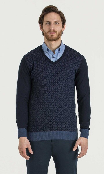 Lacivert-İndigo V Yaka Triko - 1