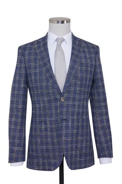 Lacivert Slim Fit Kareli Ceket - 1