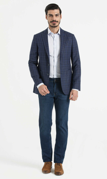 Kareli Slim Fit Lacivert Ceket - Thumbnail