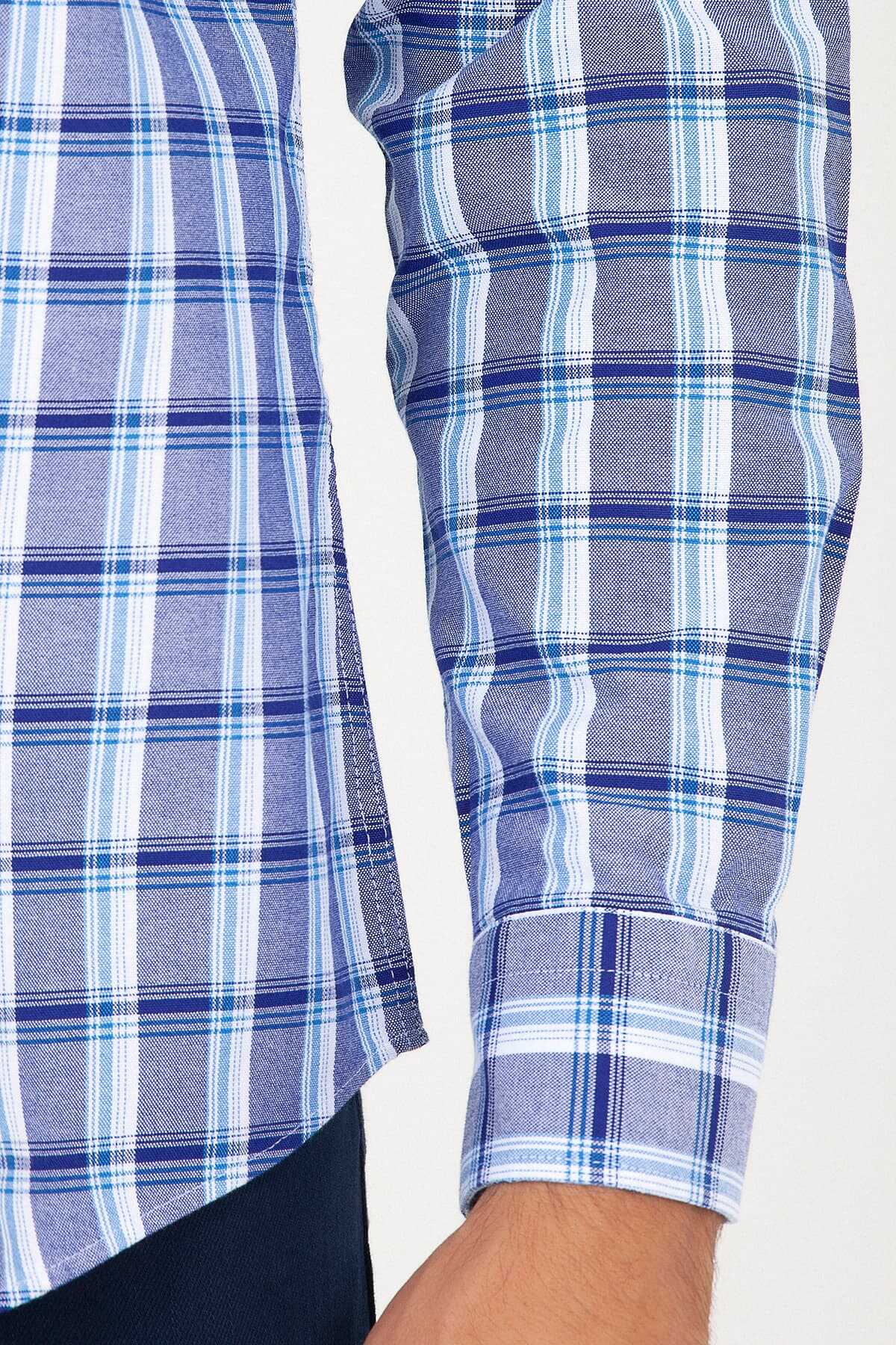 Lacivert Slim Fit Kareli 100% Pamuk Uzun Kol Spor Gömlek - 5