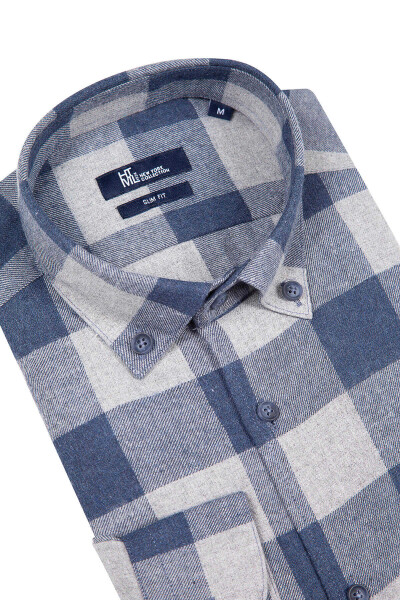 Lacivert Slim Fit Kareli Pamuklu Uzun Kol Gömlek - 3