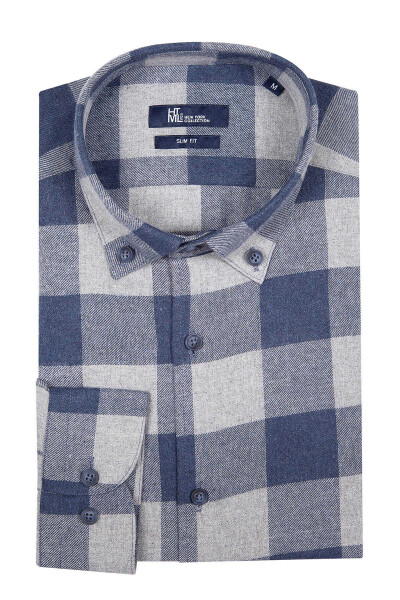 Lacivert Slim Fit Kareli Pamuklu Uzun Kol Gömlek - 2