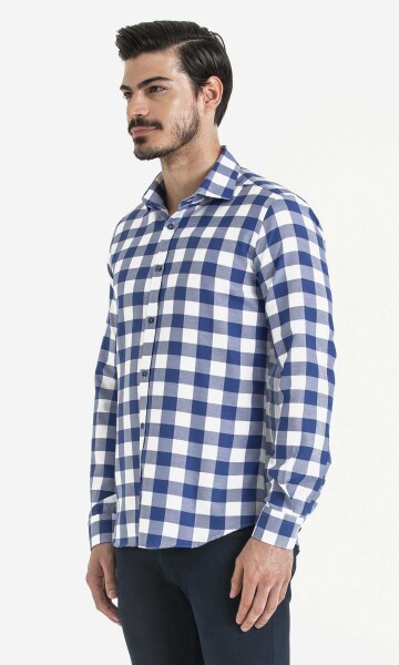 Lacivert Kareli Slim Fit Gömlek - 3