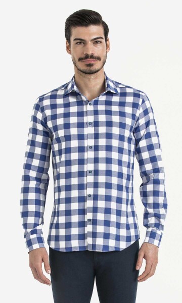 Lacivert Kareli Slim Fit Gömlek - Thumbnail