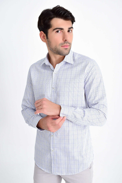 Lacivert Slim Fit Kareli 100% Pamuk Uzun Kol Spor Gömlek 