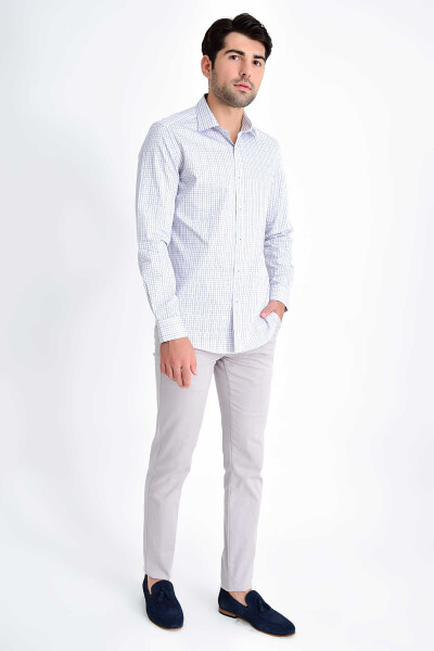 Lacivert Slim Fit Kareli 100% Pamuk Uzun Kol Spor Gömlek - 2