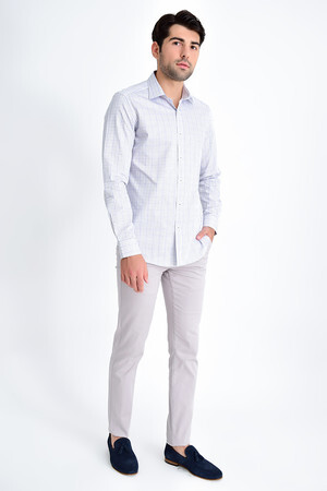 Lacivert Slim Fit Kareli 100% Pamuk Uzun Kol Spor Gömlek - 5