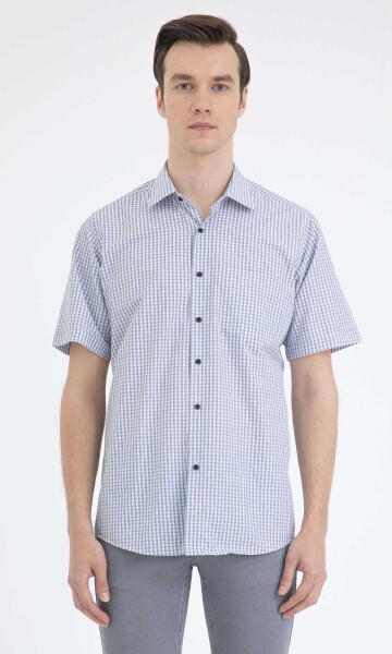 Lacivert Kareli Klasik Kısa Kol Gömlek - 1