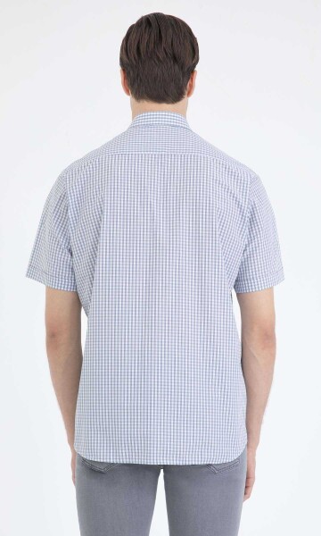 Lacivert Kareli Klasik Kısa Kol Gömlek - 3