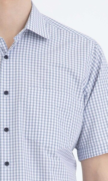 Lacivert Kareli Klasik Kısa Kol Gömlek - 4