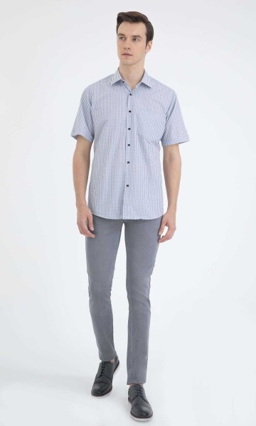 Lacivert Kareli Klasik Kısa Kol Gömlek - 7