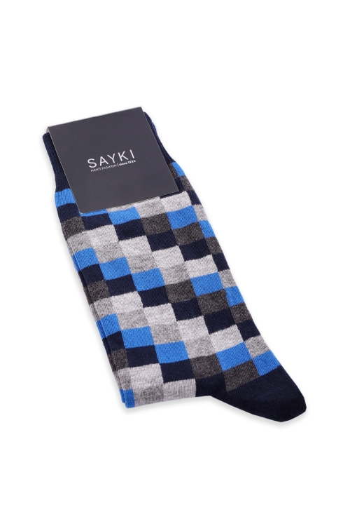 Hatem Saykı - Lacivert Kareli Pamuklu Soket Çorap