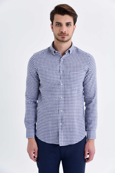 Lacivert Slim Fit Kareli 100% Keten Uzun Kol Gömlek - 3