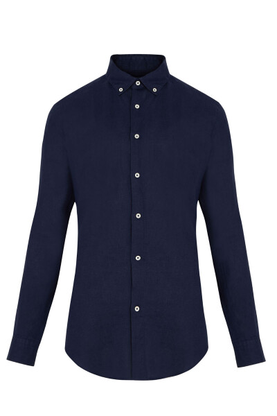 Lacivert Regular Fit 100% Keten Uzun Kol Gömlek - 1