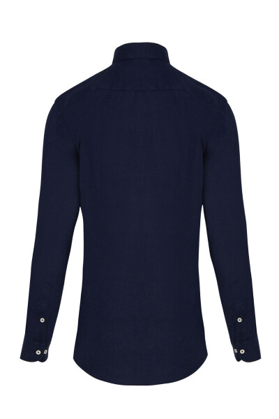 Lacivert Regular Fit 100% Keten Uzun Kol Gömlek - 2