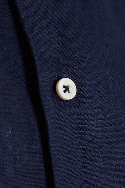 Lacivert Regular Fit 100% Keten Uzun Kol Gömlek - 3