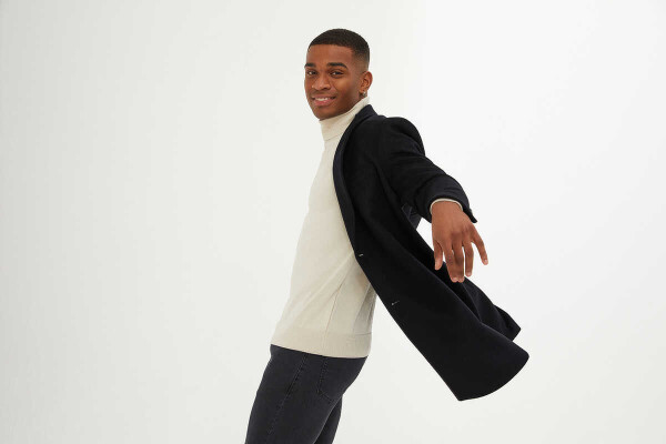 Lacivert Kırlangıç Yaka Yünlü Palto - 10