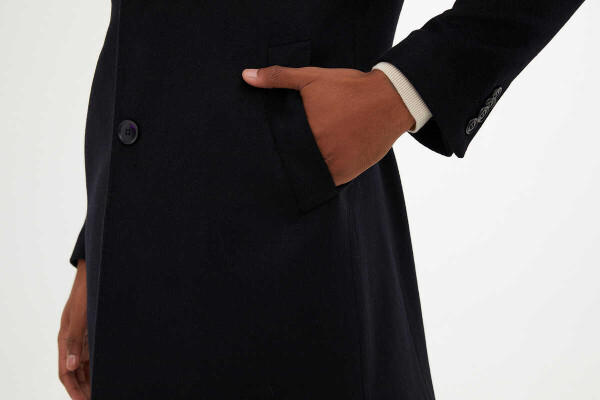 Lacivert Kırlangıç Yaka Yünlü Palto - 11