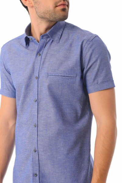 Lacivert Slim Fit Kısa Kol Keten Gömlek - 4