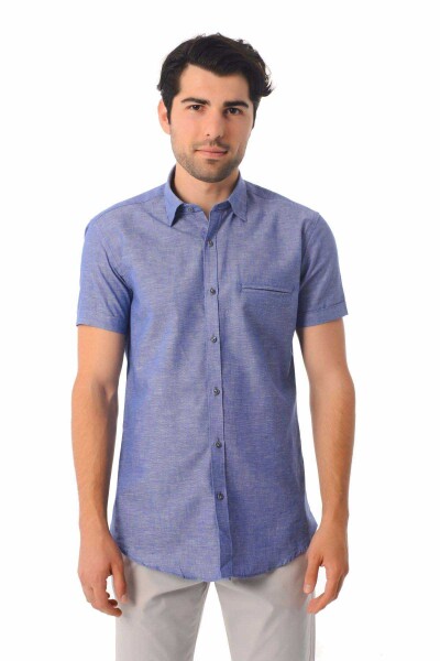 Lacivert Slim Fit Kısa Kol Keten Gömlek - 6