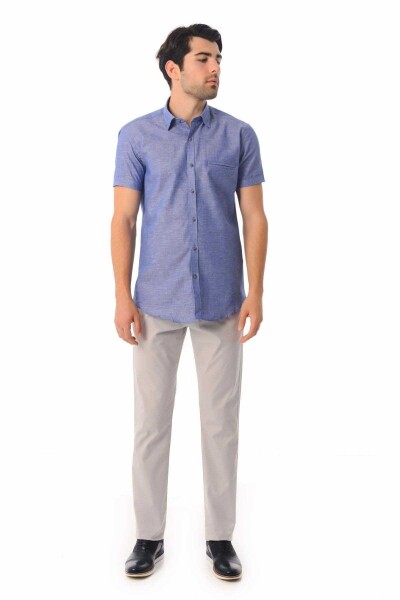 Lacivert Slim Fit Kısa Kol Keten Gömlek - 7