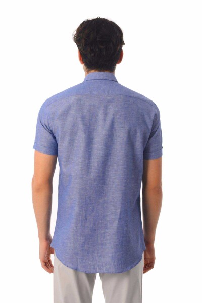 Lacivert Slim Fit Kısa Kol Keten Gömlek - 8