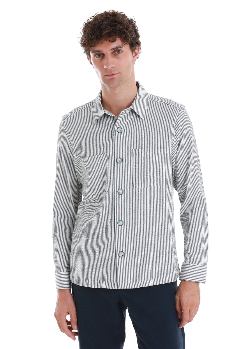 Lacivert Klasik Fit Çizgili Uzun Kollu Overshirt Gömlek - Hatem Saykı