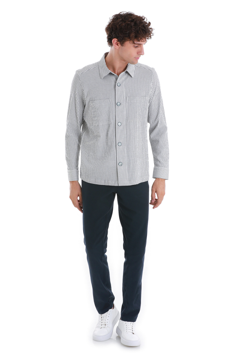 Lacivert Klasik Fit Çizgili Uzun Kollu Overshirt Gömlek - Hatem Saykı (1)