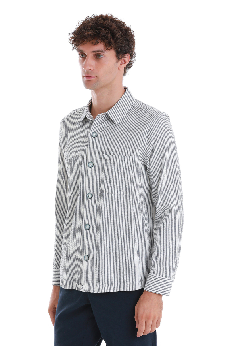 Lacivert Klasik Fit Çizgili Uzun Kollu Overshirt Gömlek - Hatem Saykı (1)