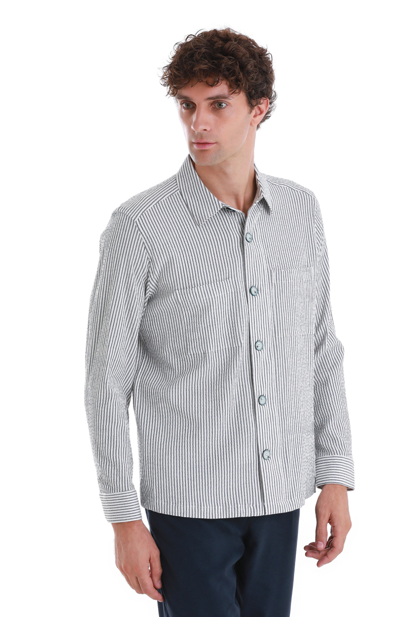 Lacivert Klasik Fit Çizgili Uzun Kollu Overshirt Gömlek - Hatem Saykı (1)