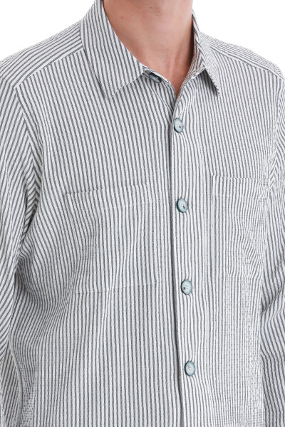 Lacivert Klasik Fit Çizgili Uzun Kollu Overshirt Gömlek - 6