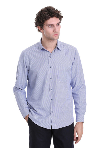 Lacivert Klasik Fit Desenli Pamuklu Slim Yaka Uzun Kollu Klasik Gömlek - 3