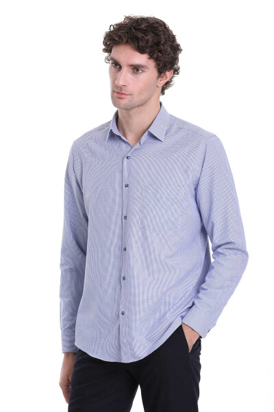 Lacivert Klasik Fit Desenli Pamuklu Slim Yaka Uzun Kollu Klasik Gömlek - 4