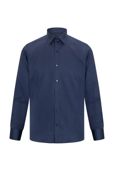 Lacivert Klasik Fit Slim Yaka 100% Pamuk Uzun Kollu Saten Gömlek - 1