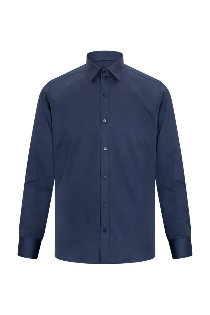 Lacivert Klasik Fit Slim Yaka 100% Pamuk Uzun Kollu Saten Gömlek - Saykı