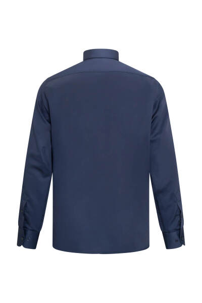 Lacivert Klasik Fit Slim Yaka 100% Pamuk Uzun Kollu Saten Gömlek - 2