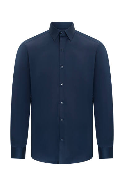 Lacivert Klasik Fit Slim Yaka Pamuklu Uzun Kollu Saten Gömlek - 1