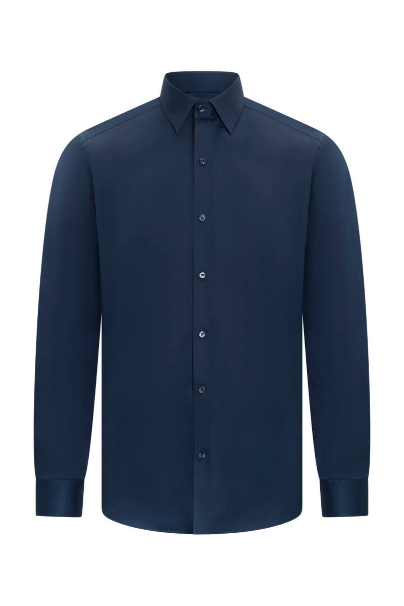 Lacivert Klasik Fit Slim Yaka Pamuklu Uzun Kollu Saten Gömlek - Saykı