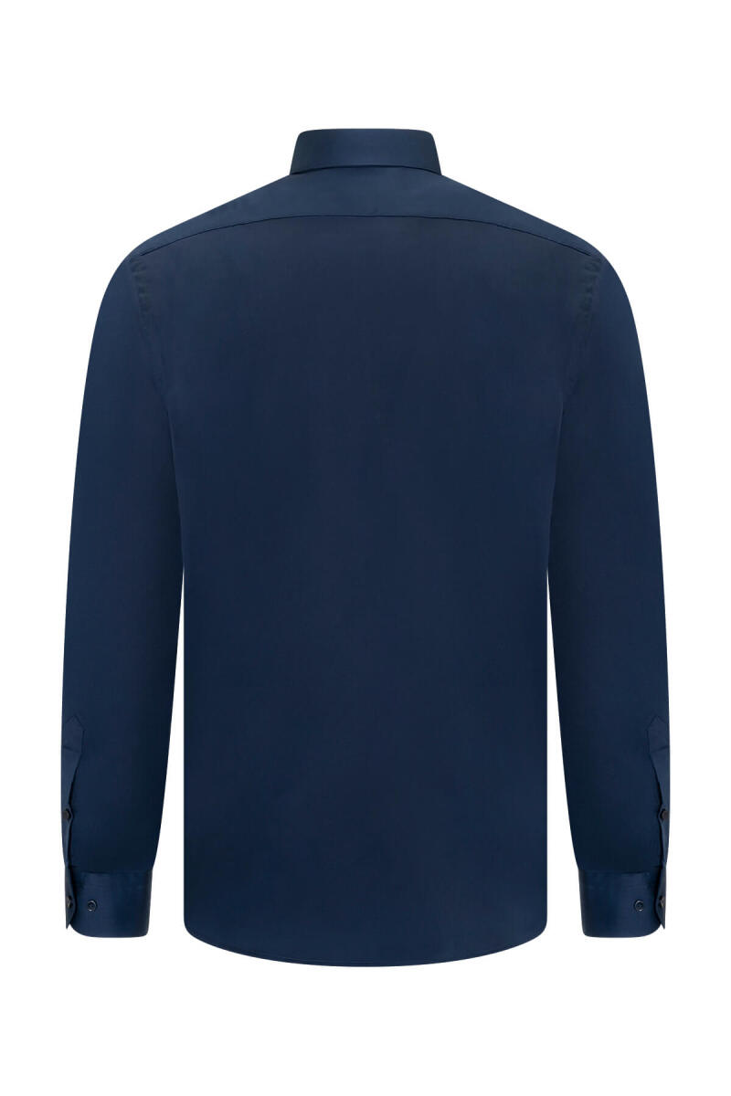 Lacivert Klasik Fit Slim Yaka Pamuklu Uzun Kollu Saten Gömlek - Saykı (1)