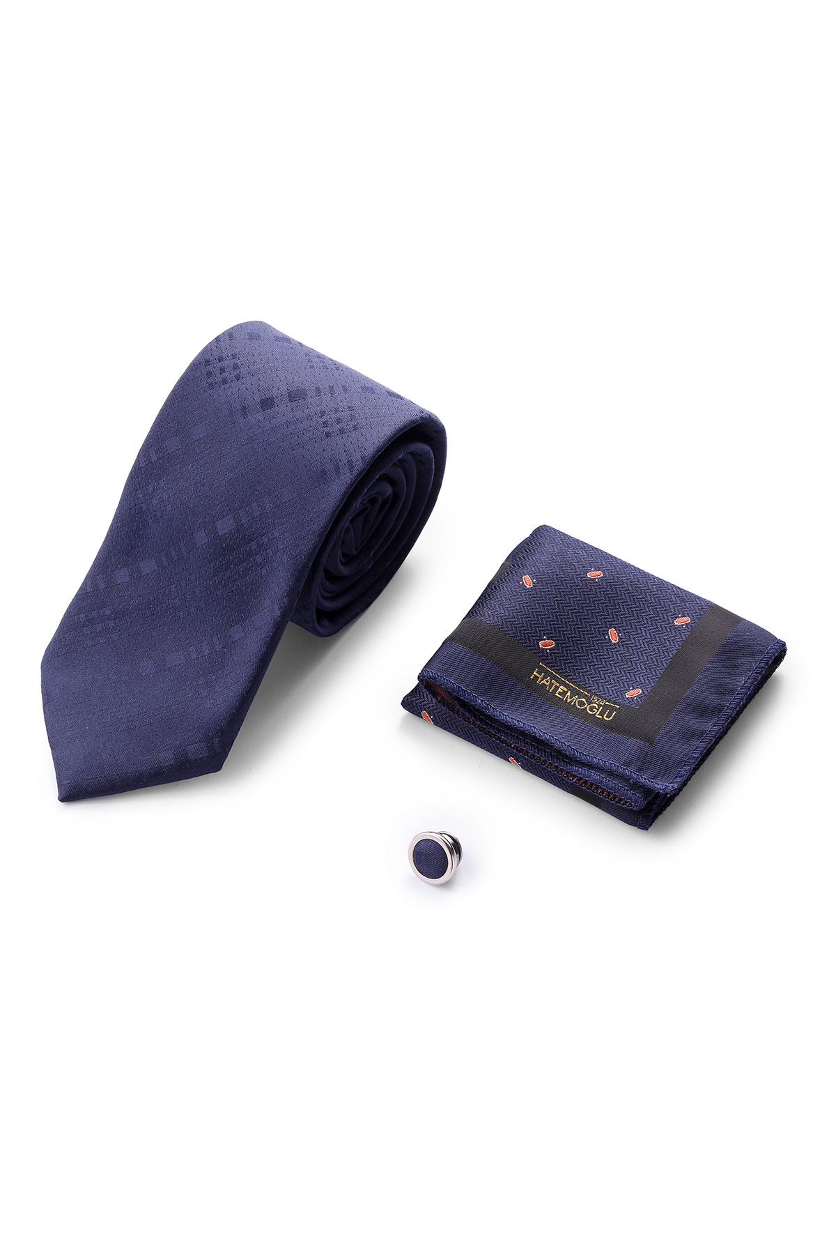 Lacivert Kravat Mendil ve Yaka Rozeti 3'lü Set - 1