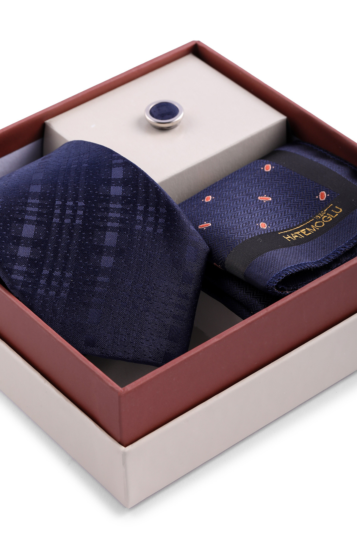 Lacivert Kravat Mendil ve Yaka Rozeti 3'lü Set - 2