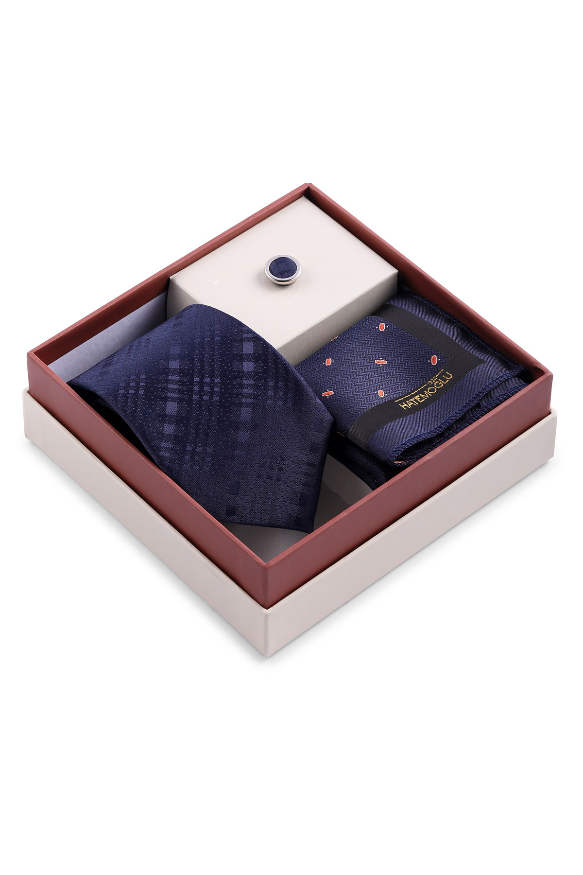 Lacivert Kravat Mendil ve Yaka Rozeti 3'lü Set - 3