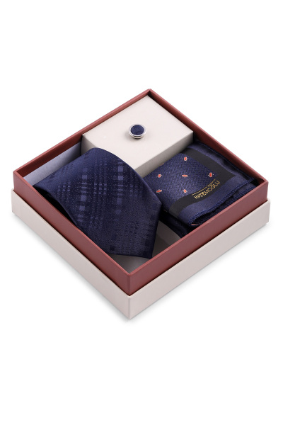 Lacivert Kravat Mendil ve Yaka Rozeti 3'lü Set - 3