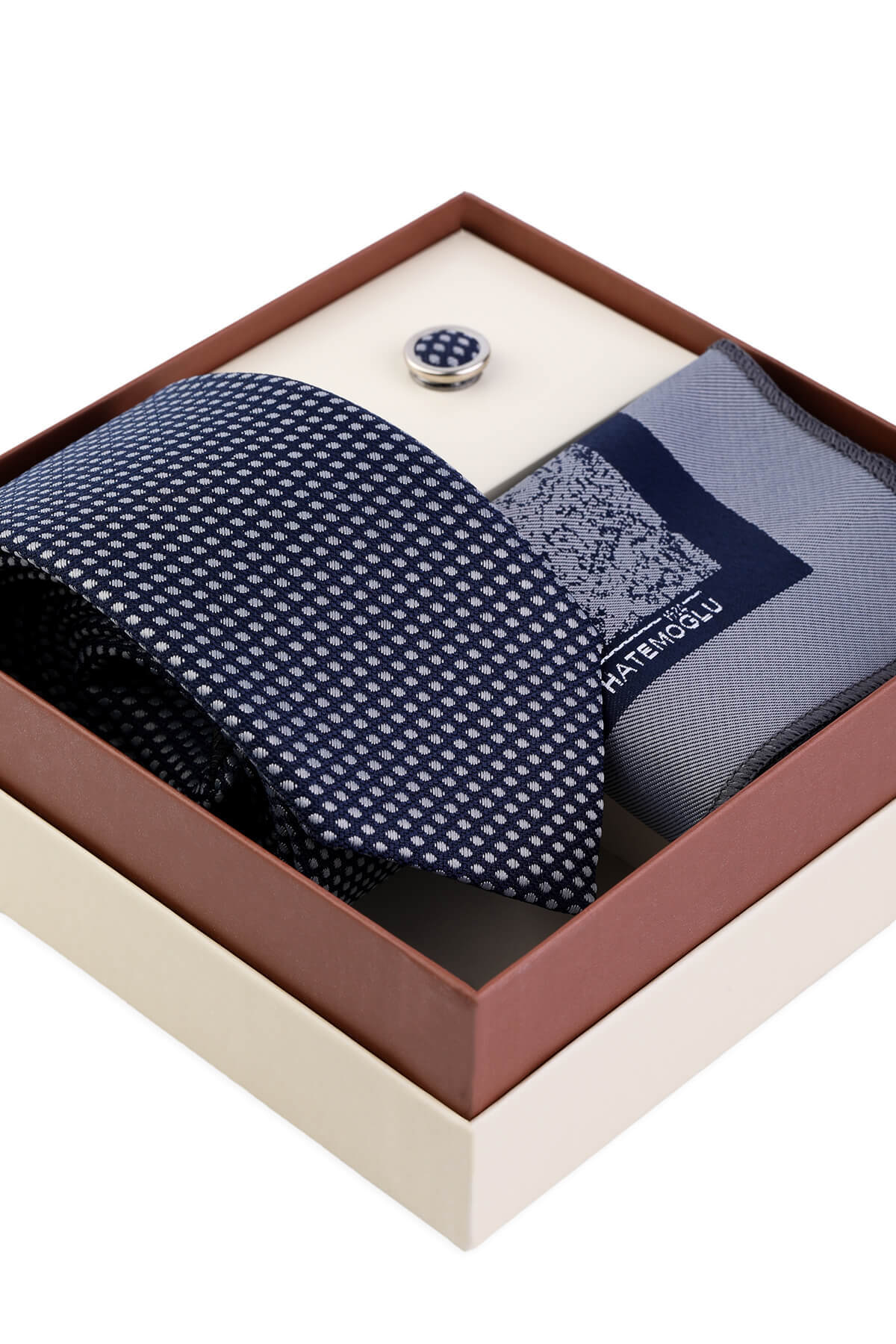 Lacivert Kravat Mendil ve Yaka Rozeti 3'lü Set - 2